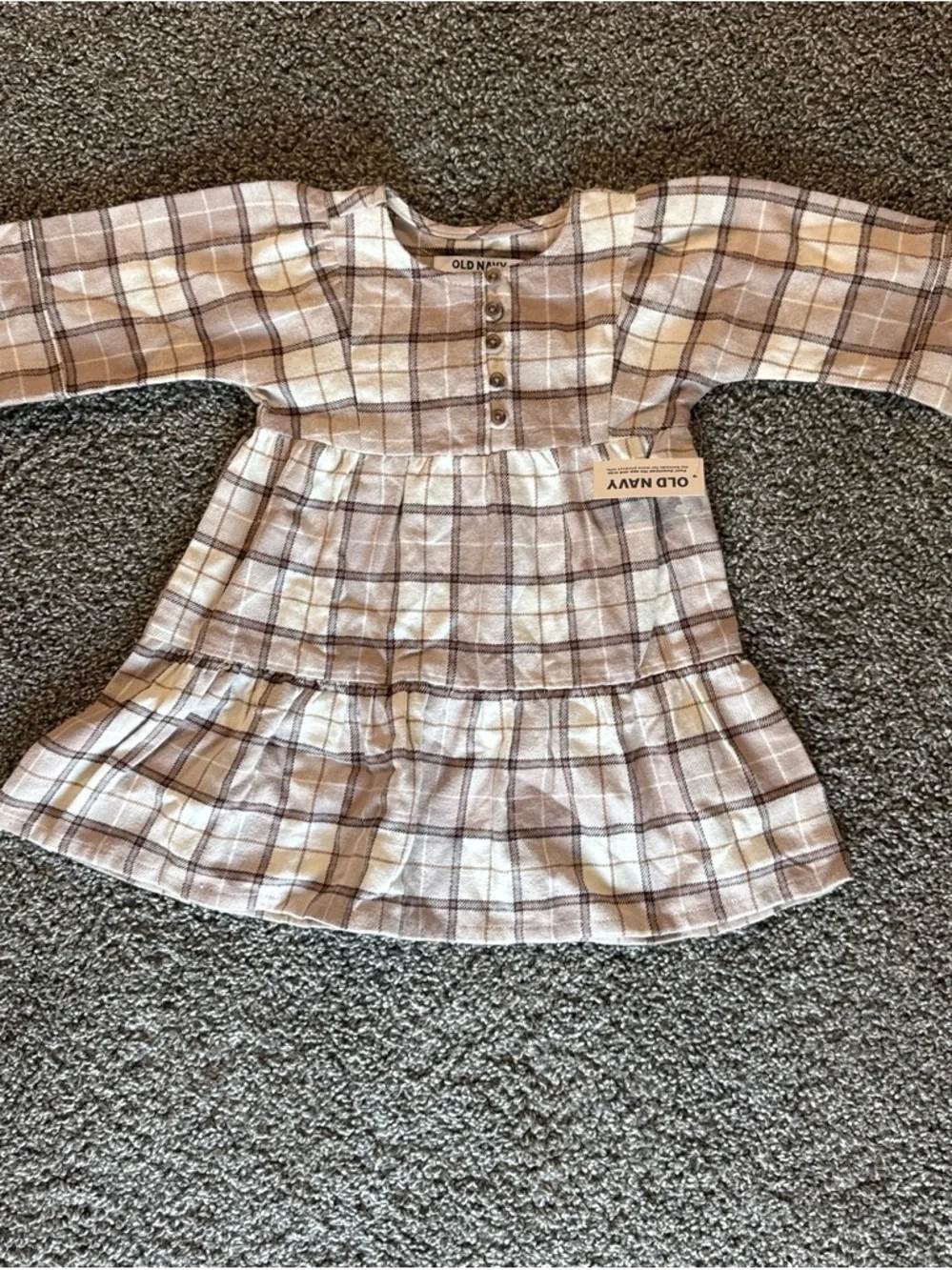 Old Navy Beige and Brown Plaid Long-Sleeve Tiered Dress